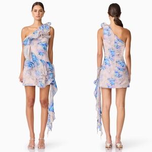 NEW ELLIATT Multi FLORAL Briony ONE SHOULDER Ruffle ASYMMETRICAL Mini DRESS L